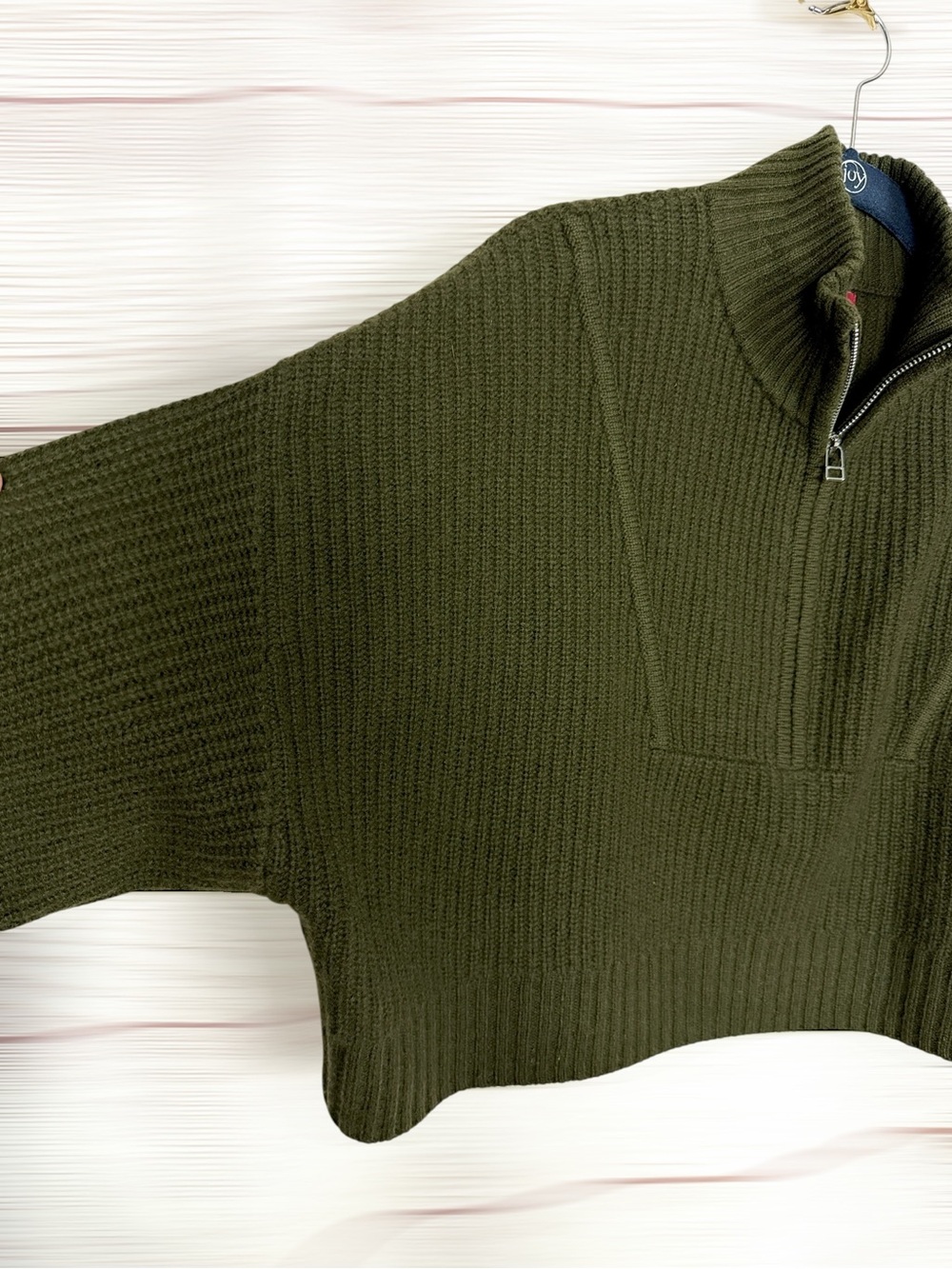 STAUD Cashmere Cropped Hampton Sweater Olive Chunky Knit Half Zip Oversized M - Picture 3 of 13